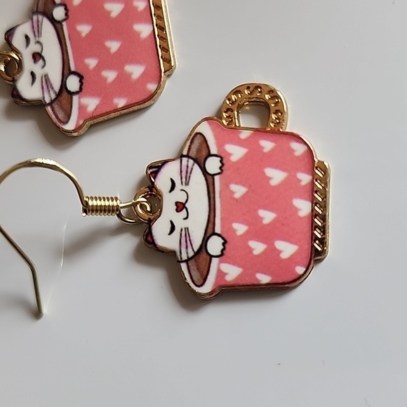 COLORFUL Coffee Cup Cat Earrings Just Stunning ADORABLE Gold Pink - Picture 2 of 4